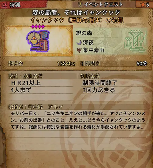イベントクエスト概要 - 森の覇者、それはイャンクック